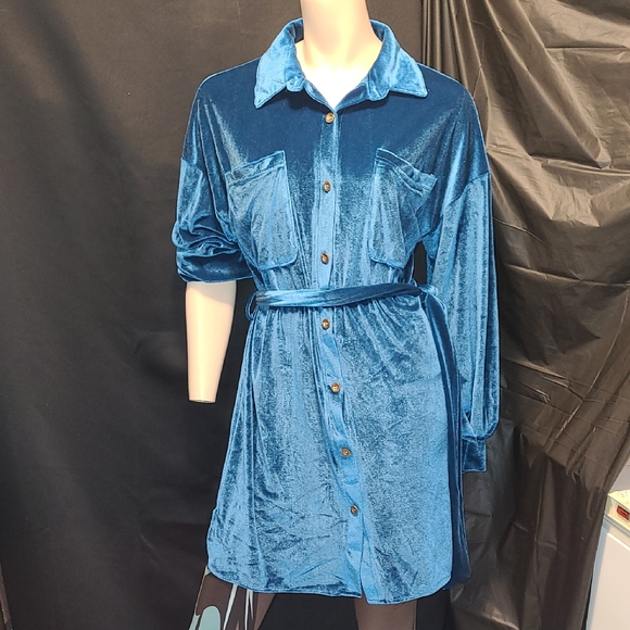 Womens Velvet Lapel Collar Single Breasted Long Sleeves Belt Shirt Dress Casual - Picture 1 of 10